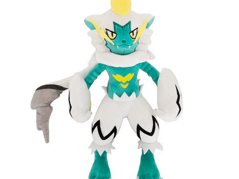 Zeraora Shiny plush toy in turquoise and white fabric, with yellow accents and distinctive oversized arm blades