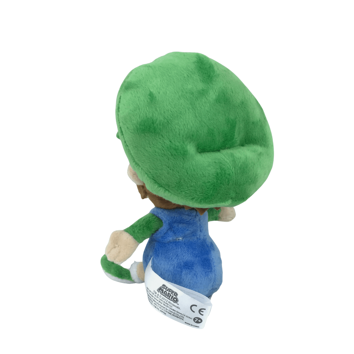 Peluche Bébé Luigi de 13 cm, vue de dos, avec bonnet vert et salopette bleue, tirée de la série Super Mario.