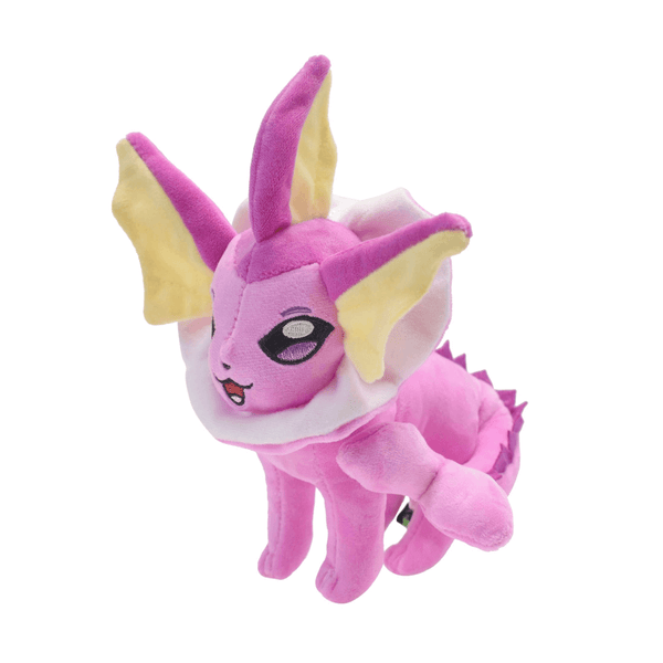 Peluche Aquali Shiny rose en tissu doux, avec de grandes nageoires jaunes, un col blanc et des épines dorsales