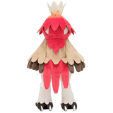 Peluche Archéduc de Hisui rouge, beige et brun, avec une couronne claire, des ailes superposées et de longues pattes.