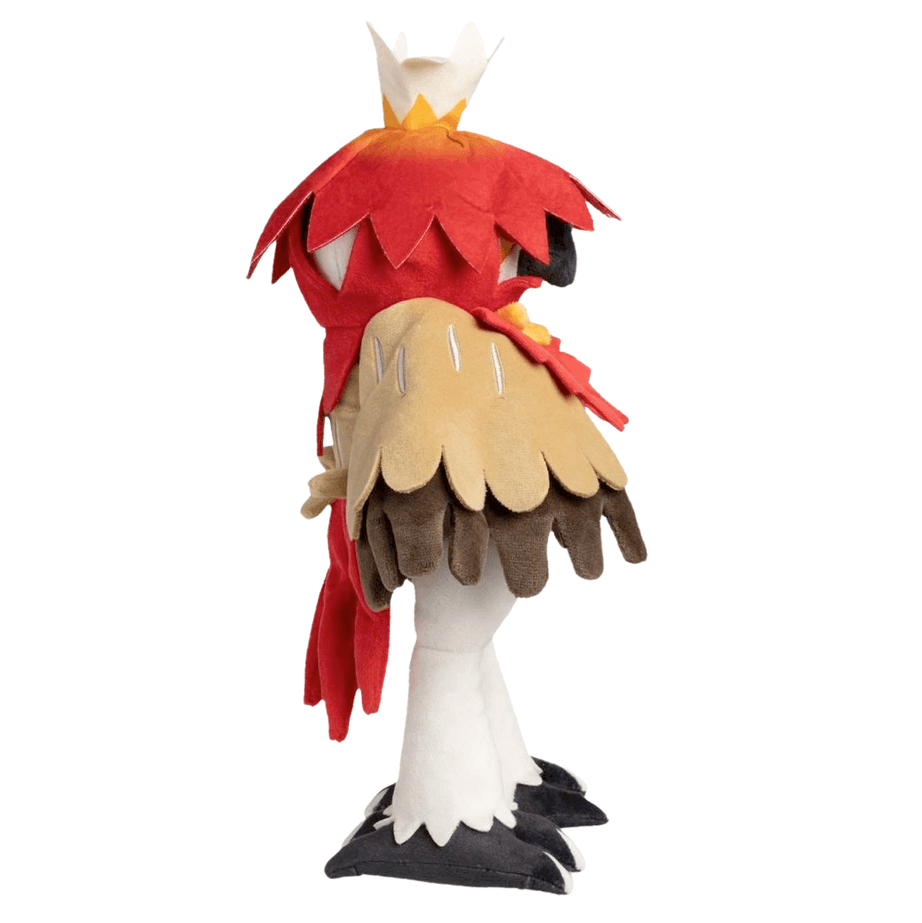 Peluche Archéduc de Hisui aux plumes rouges, beiges et brunes, avec de longues pattes blanches et des pieds noirs.