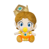 Peluche Bébé Daisy aux cheveux châtains, avec une couronne dorée, une tenue jaune et orange et un hochet vert.