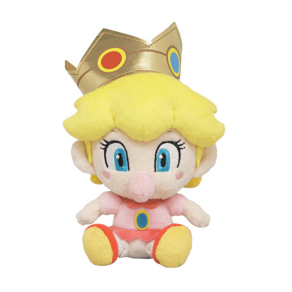 Peluche Bébé Peach aux cheveux jaunes, vêtue de rose et coiffée d’une couronne dorée ornée de deux pierres colorées.