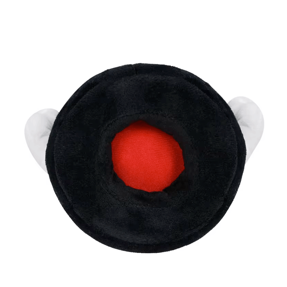 Peluche Bill Balle noire en tissu doux, avec un centre rouge vif et deux petites ailes blanches sur les côtés.
