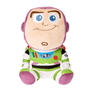 Peluche Buzz l'Éclair aux traits brodés, avec combinaison blanche et verte, détails violets et emblème spatial sur le torse.