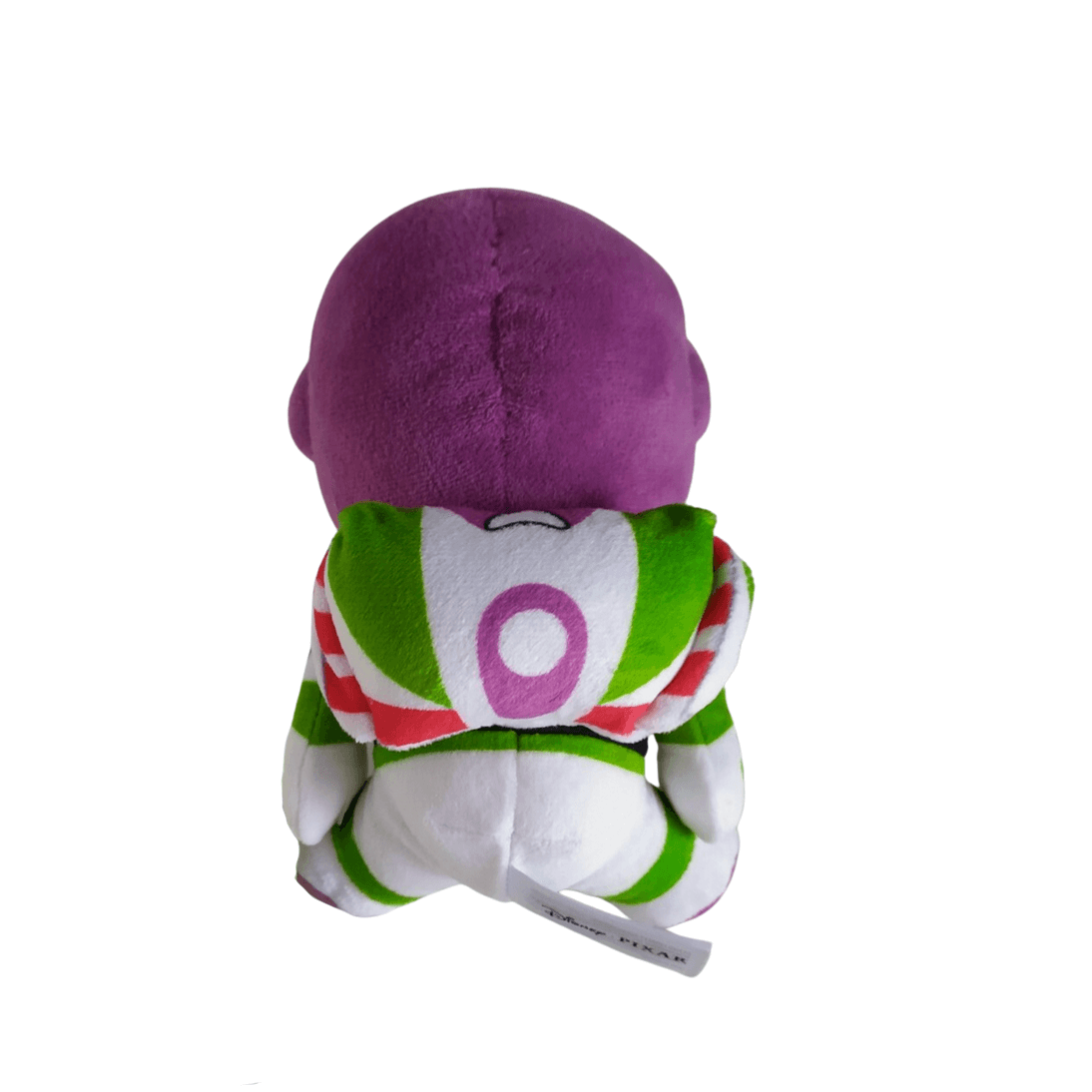 Peluche Buzz l'Éclair en tissu, vue de dos, avec tête violette et combinaison blanche, verte et rouge à motif circulaire.