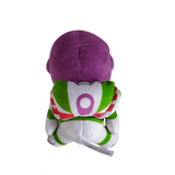 Peluche Buzz l'Éclair en tissu, vue de dos, avec tête violette et combinaison blanche, verte et rouge à motif circulaire.