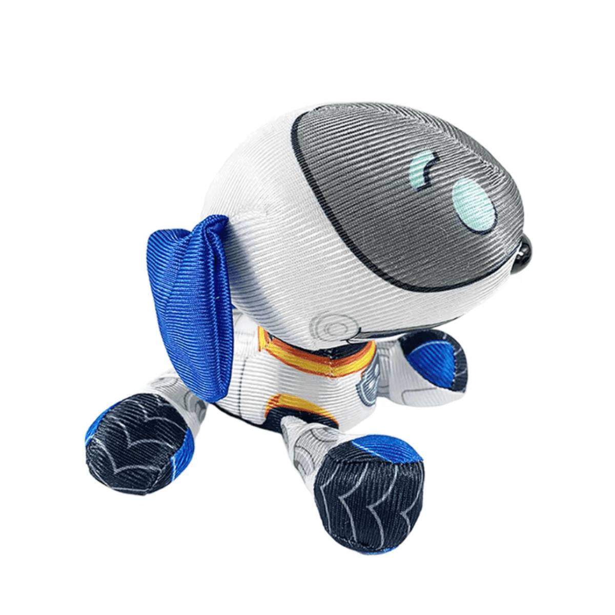 Chien Robot en peluche blanc et bleu, avec un écran gris sur le visage, des détails orange et des pattes noires
