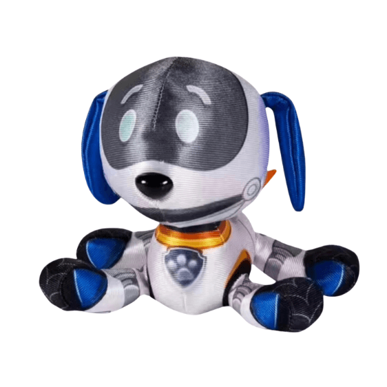 Chien Robot en peluche gris et blanc, avec oreilles et pattes bleues, visage sombre et détails métalliques futuristes.