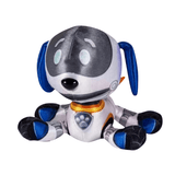 Chien Robot en peluche gris et blanc, avec oreilles et pattes bleues, visage sombre et détails métalliques futuristes.