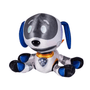 Chien Robot en peluche gris et blanc, avec oreilles et pattes bleues, visage sombre et détails métalliques futuristes.