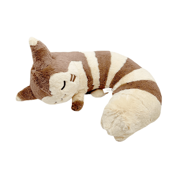 Coussin Fouinar en peluche brun et crème, au corps allongé rayé et à la grande queue touffue.