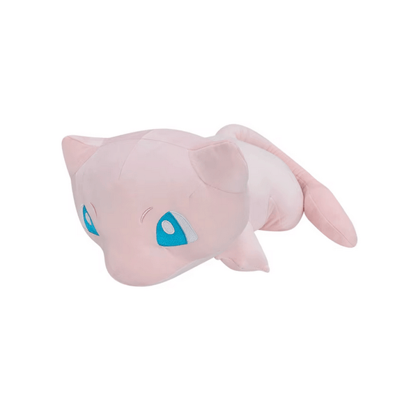 Coussin Mew en peluche rose pâle, avec de grands yeux turquoise, de petites oreilles et une longue queue.