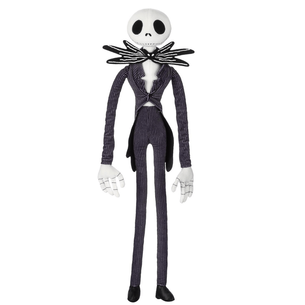 Peluche Jack Skellington au visage blanc et au costume noir à fines rayures, avec col en forme de chauve-souris