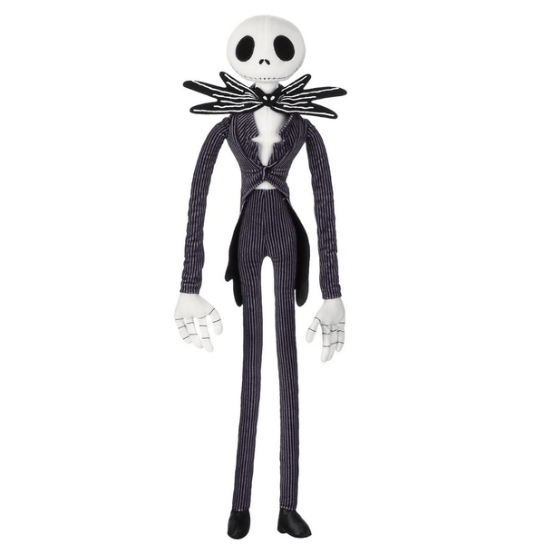 Peluche Jack Skellington au visage blanc et au costume noir à fines rayures, avec col en forme de chauve-souris