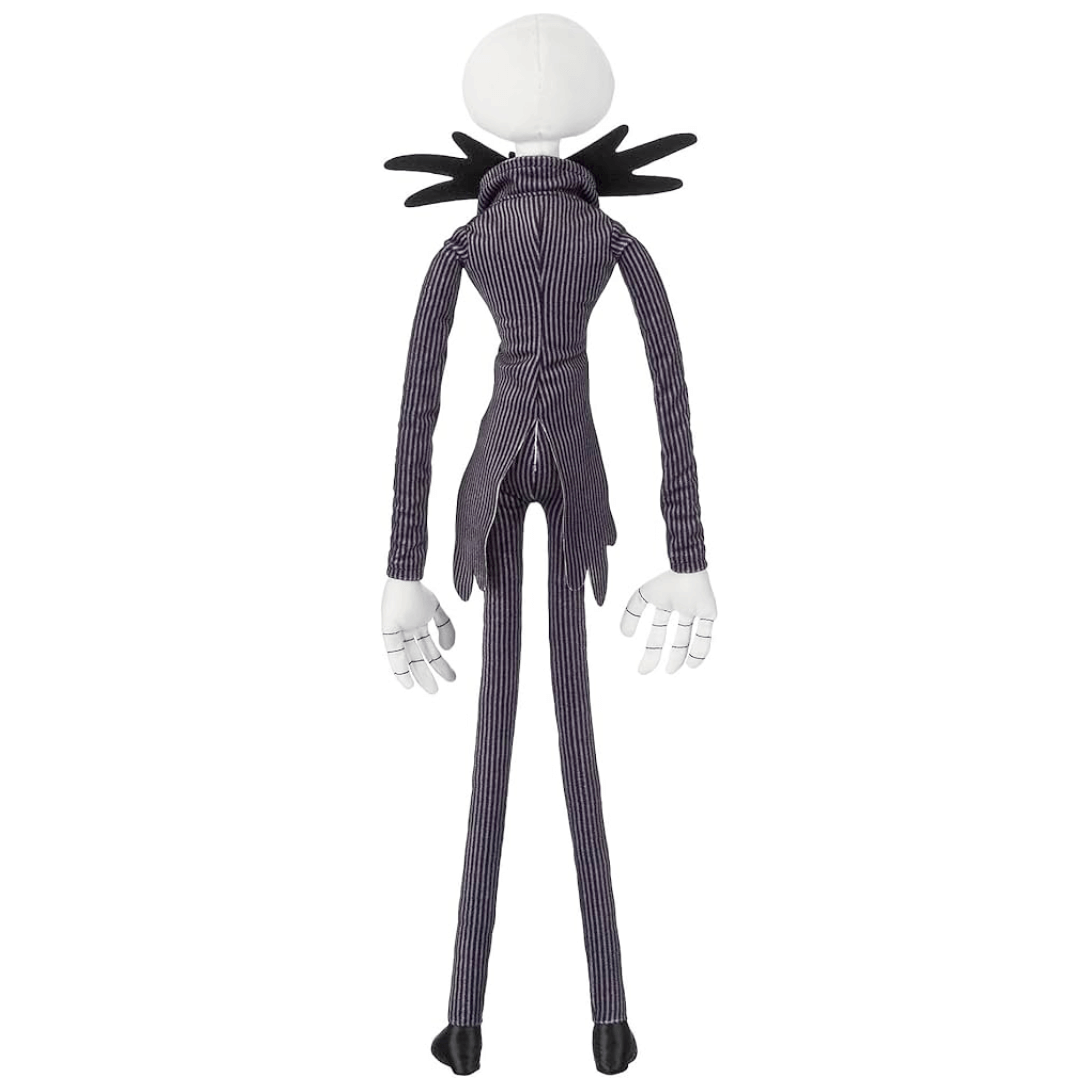 Peluche Jack Skellington avec costume noir à fines rayures blanches, tête et mains blanches, et col noir pointu