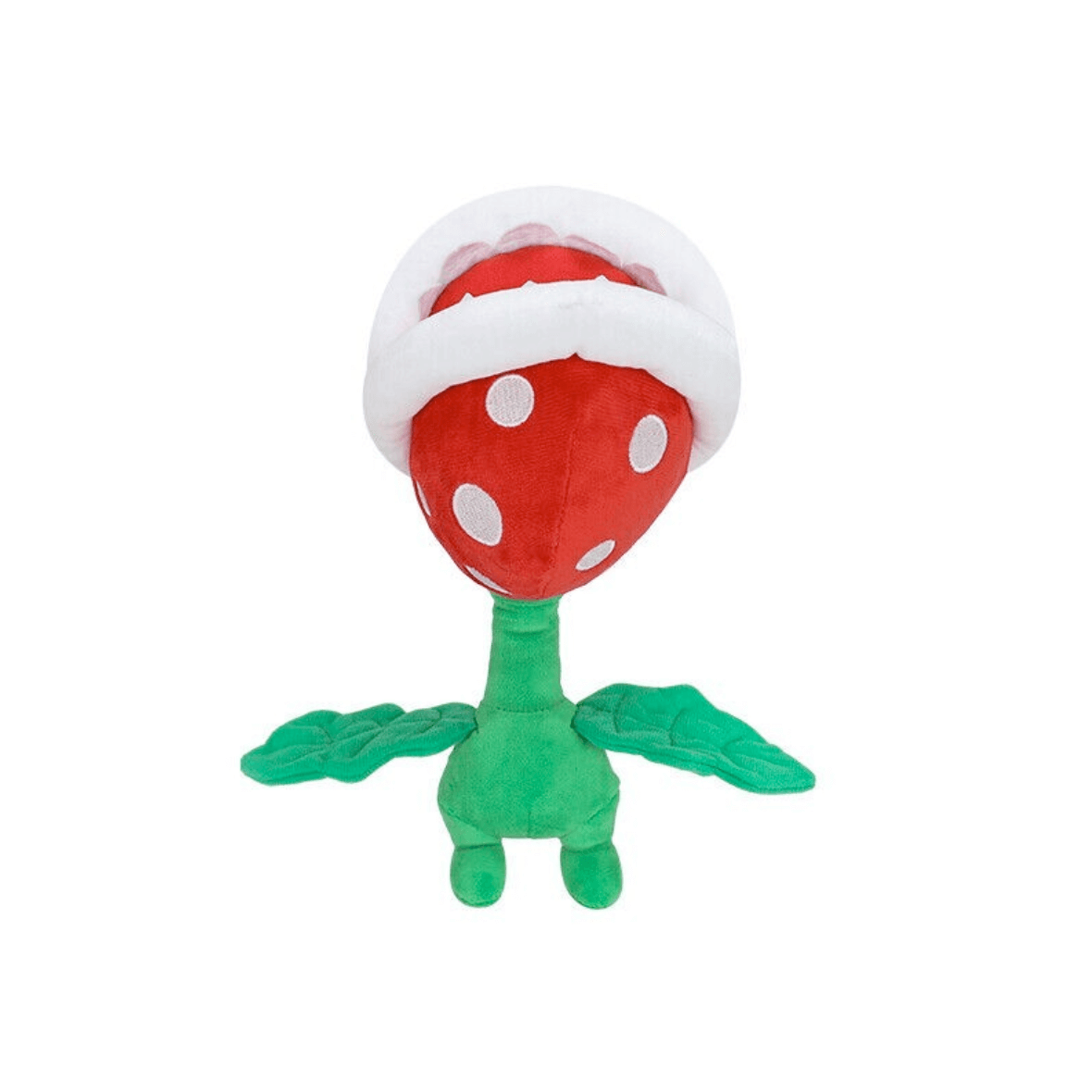 La Plante Piranha en peluche rouge à pois blancs, avec une large mâchoire blanche et une tige verte feuillue.