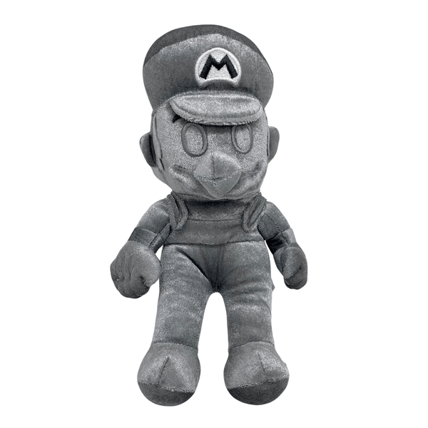 Peluche Mario de Métal grise en tissu doux, avec casquette ornée du M et combinaison monochrome.