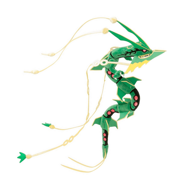 Peluche Méga-Rayquaza verte en forme de dragon serpentin, avec des détails jaunes et des marques rouges.