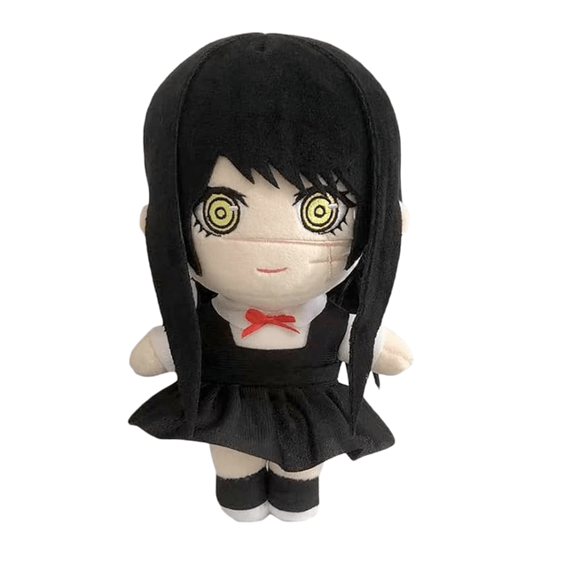 Peluche Mitaka Asa aux cheveux et à la robe noirs, avec des yeux jaunes en spirale et un nœud rouge.