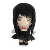 Peluche Mitaka Asa aux cheveux et à la robe noirs, avec des yeux jaunes en spirale et un nœud rouge.