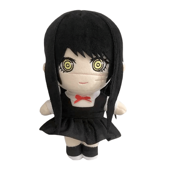 Peluche Mitaka Asa aux cheveux et à la robe noirs, avec des yeux jaunes en spirale et un nœud rouge.