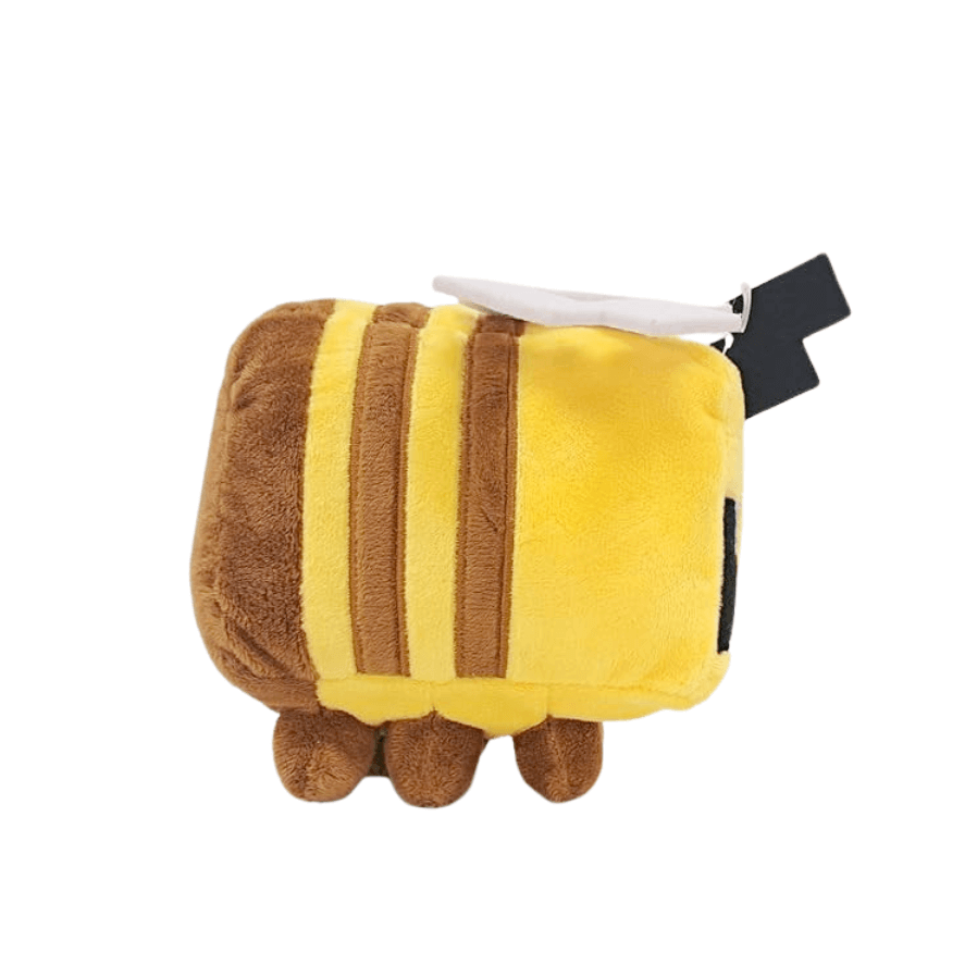 Peluche Abeille jaune et brune en tissu doux, avec des rayures, des ailes blanches et de petites pattes brunes.