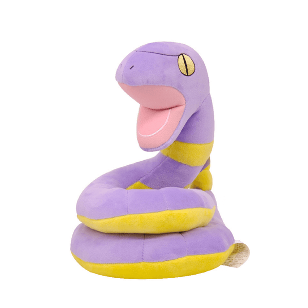 Peluche Abo violette et jaune en tissu doux, avec un corps enroulé, un œil brodé et une large bouche rose ouverte.