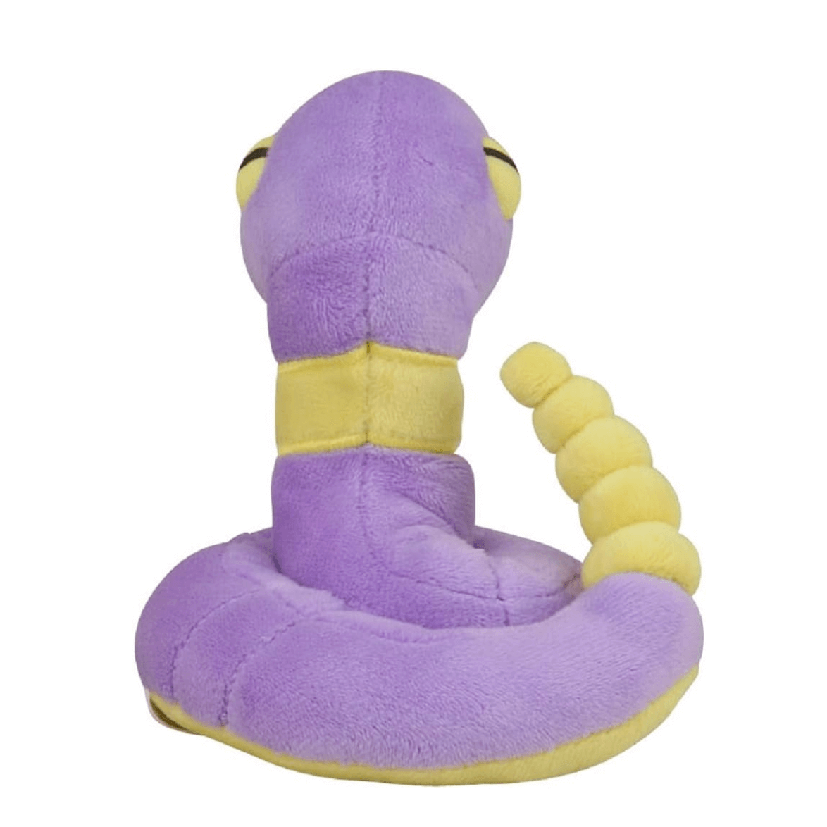 Peluche Abo violette et jaune en tissu doux, au corps serpentiforme enroulé et à la queue segmentée.