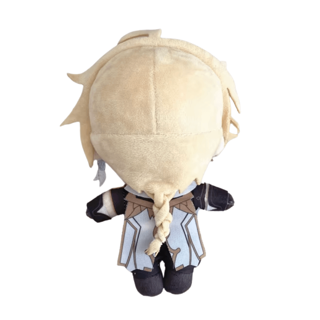 Peluche Aether beige et noire, vue de dos, avec une longue tresse blonde et une tenue ornée de motifs géométriques