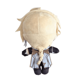 Peluche Aether beige et noire, vue de dos, avec une longue tresse blonde et une tenue ornée de motifs géométriques