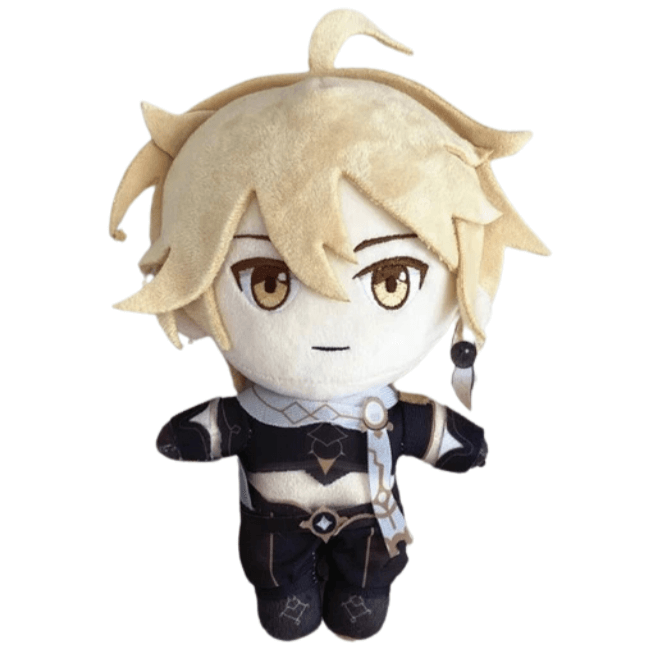 Peluche Aether aux cheveux blonds, aux yeux bruns et vêtu d’une tenue noire ornée de détails gris et dorés.