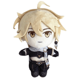 Peluche Aether aux cheveux blonds, aux yeux bruns et vêtu d’une tenue noire ornée de détails gris et dorés.