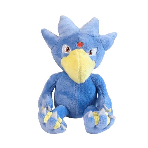 Peluche Akwakwak bleue en tissu doux, avec un grand bec jaune, une perle rouge au front et des griffes jaunes