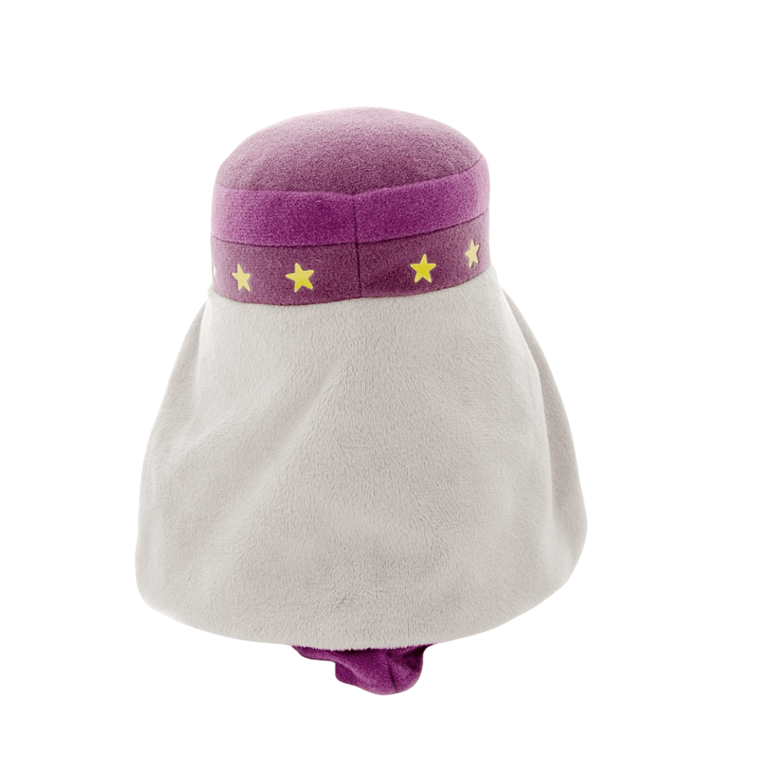 Peluche Albus Dumbledore en tissu doux, avec une robe blanche ample et un bonnet violet orné d’étoiles jaunes.