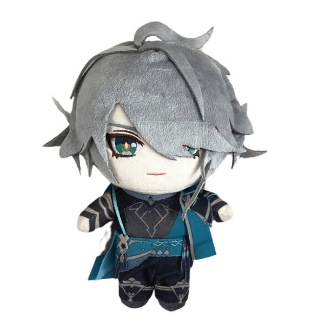 Peluche peluche Alhaitham aux cheveux gris, yeux turquoise et tenue noire ornée de motifs géométriques bleus