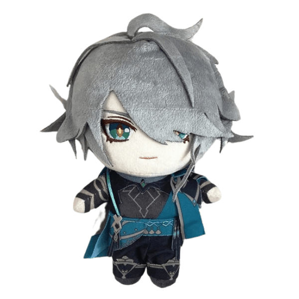 Peluche peluche Alhaitham aux cheveux gris, yeux turquoise et tenue noire ornée de motifs géométriques bleus