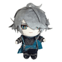 Peluche peluche Alhaitham aux cheveux gris, yeux turquoise et tenue noire ornée de motifs géométriques bleus