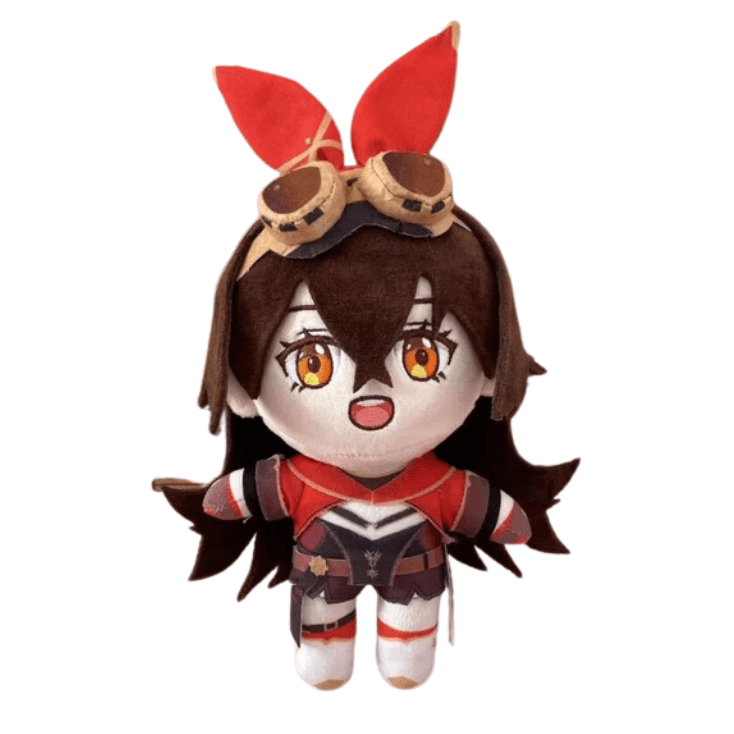 Peluche Amber de Genshin Impact aux cheveux bruns, tenue rouge et noire, avec oreilles rouges et lunettes d’aviateur