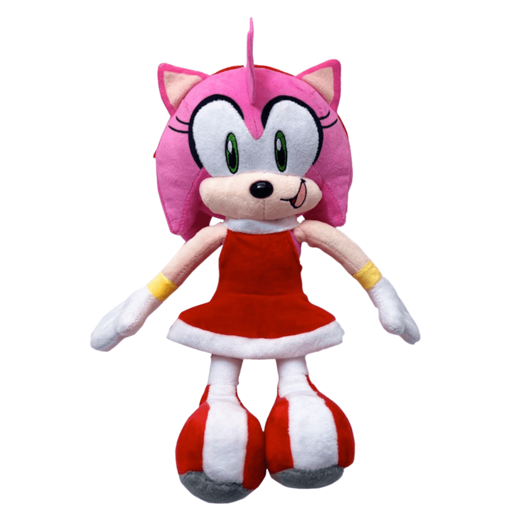 Peluche Amy Rose rose en tissu doux, aux grands yeux verts, vêtue d’une robe rouge et de chaussures rouges et blanches