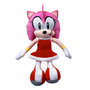 Peluche Amy Rose rose en tissu doux, aux grands yeux verts, vêtue d’une robe rouge et de chaussures rouges et blanches