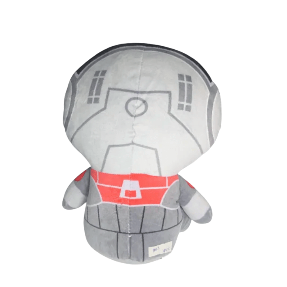peluche Ant-Man grise en tissu, avec visière dessinée et costume à ceinture rouge caractéristique