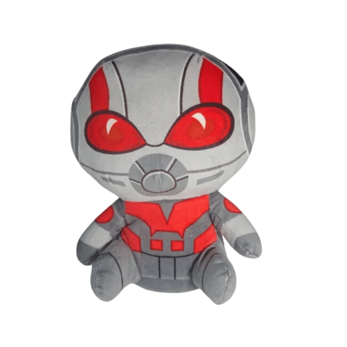 Peluche Ant-Man grise et rouge en tissu doux, avec un masque à grands yeux rouges et un costume détaillé