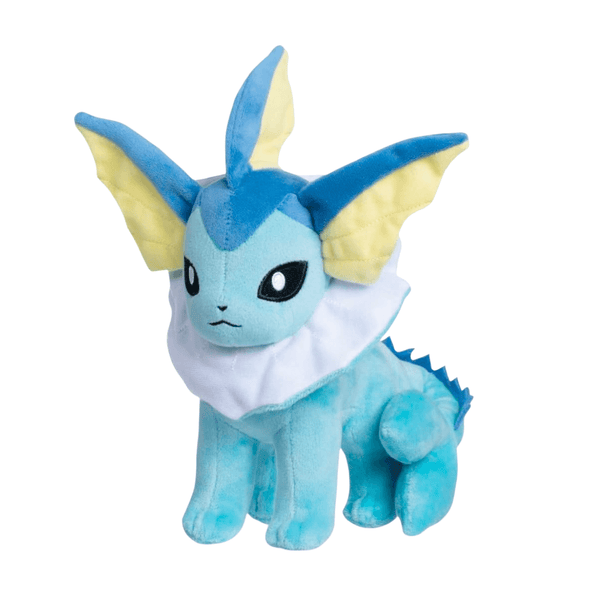 peluche Aquali bleu turquoise en tissu doux, avec nageoires jaunes, collerette blanche et nageoires dorsales bleues