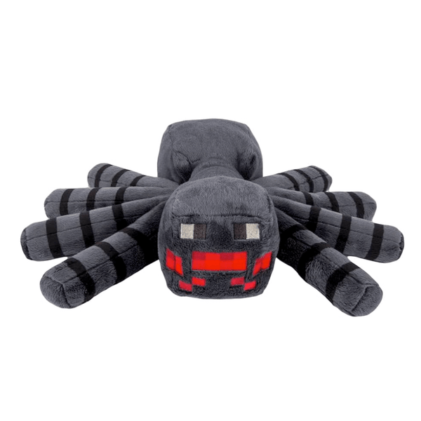 Peluche Araignée grise en tissu doux, avec huit pattes rayées de noir et un visage pixelisé aux détails rouges