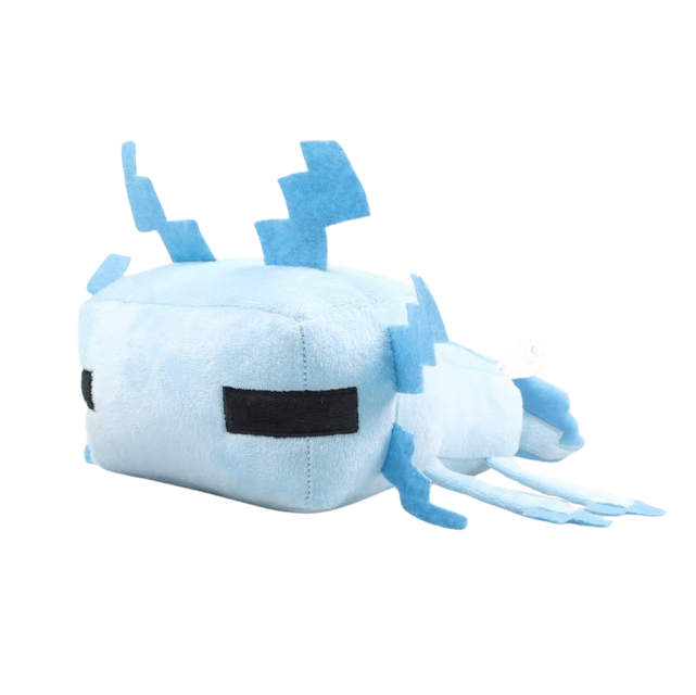 peluche Axolotl bleu clair en tissu doux, avec yeux noirs rectangulaires, branchies pixelisées et longues pattes.