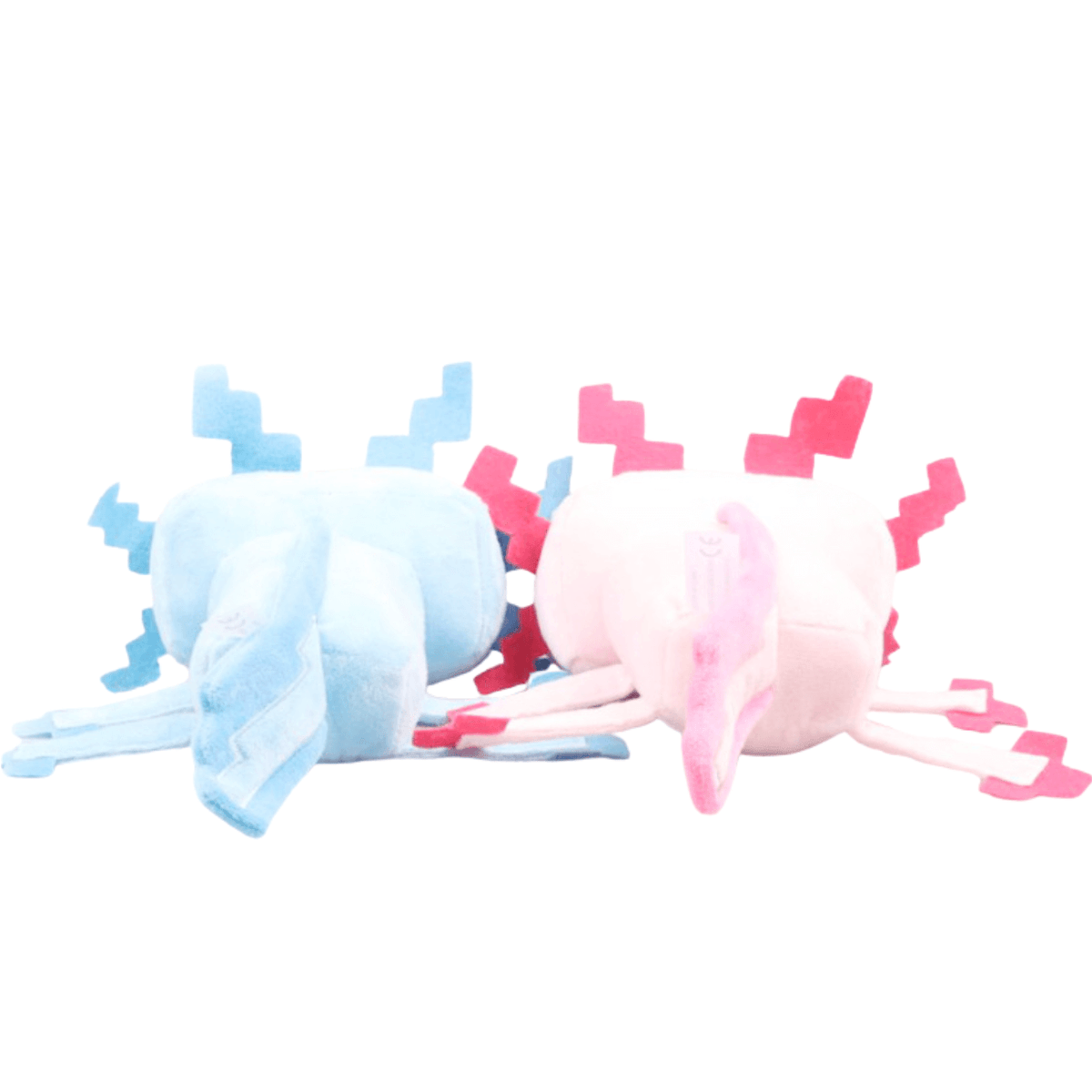Peluche Axolotl en tissu doux, avec deux axolotls bleu et rose, branchies pixelisées et nageoires pendantes