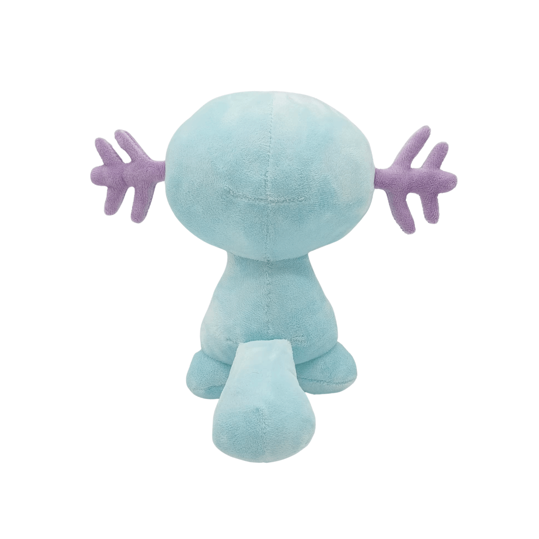 peluche Axoloto bleue en tissu doux, vue de dos, avec de grandes branchies violettes et une queue arrondie