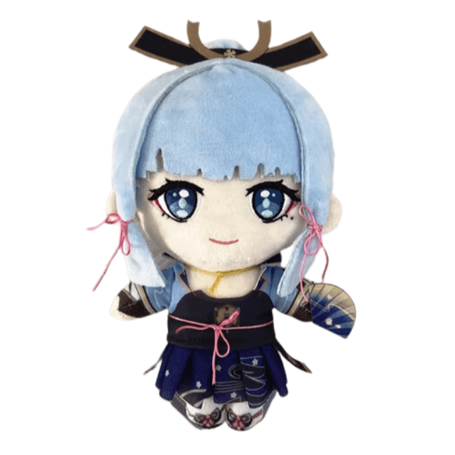 peluche Ayaka aux cheveux bleu clair, grands yeux bleus brodés et tenue traditionnelle bleu marine avec rubans roses