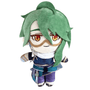 Peluche Baizhu aux cheveux verts en peluche douce, avec lunettes, yeux ambrés et tenue bleu marine et violette.